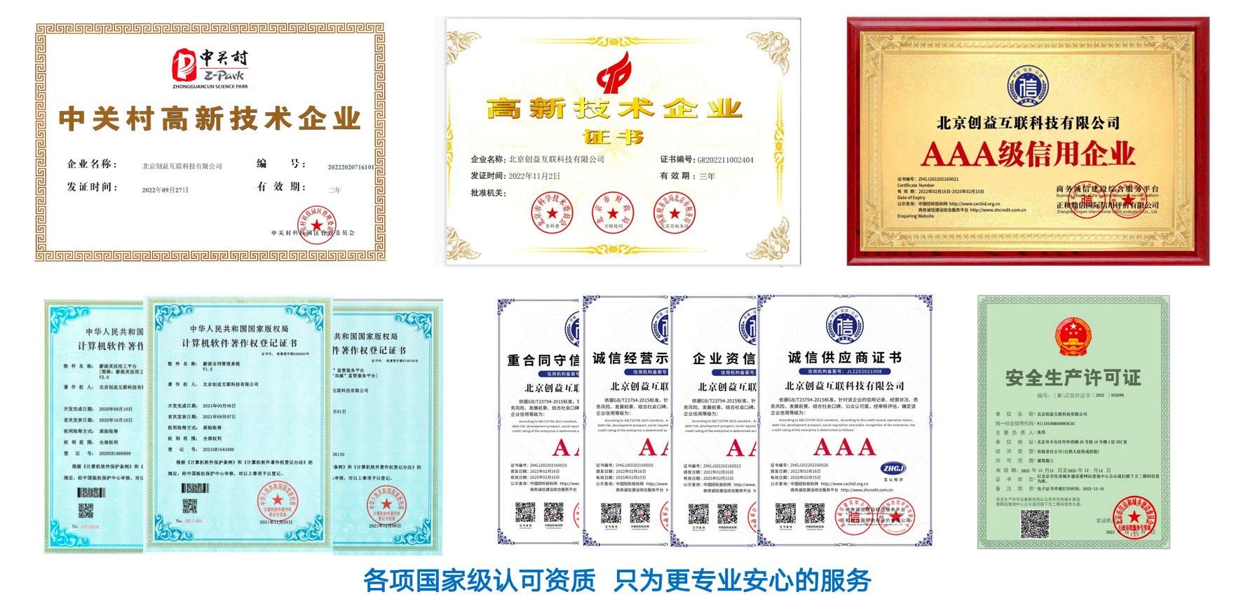 创益互联企业资质与知识产权证书示意